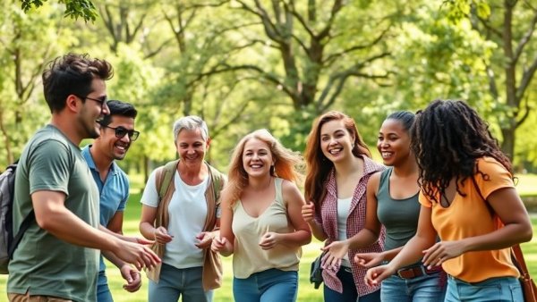 Diverse adults enjoying fun outdoor group activities, boosting bonding