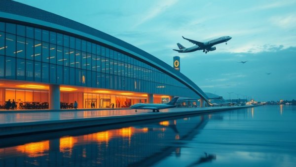 Futuristic airport scene with planes; explore AI strategy.