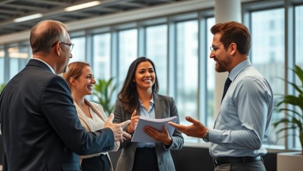Office team using conflict resolution skills during a meeting.
