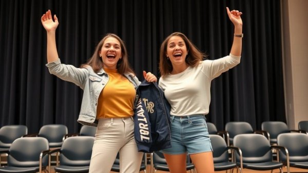 Amazon Skills Development Trailhead: Two women on stage with 'Trailblazer' jacket.