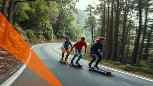 Skateboarders racing through forest winding road, orange frame.