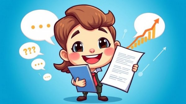 Cartoon character holding report on small business trends, blue background.