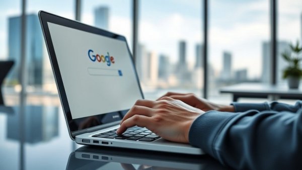 Laptop displaying Google homepage in bright office.
