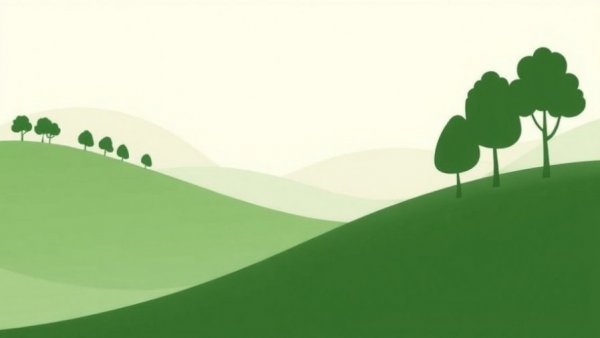 Stylized green hills illustration with trees, Salesforce ISO 22301 Certification.