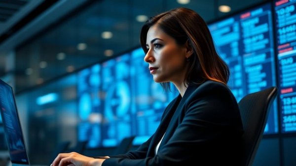 Generalists in AI hiring: woman analyzing data on digital screens.