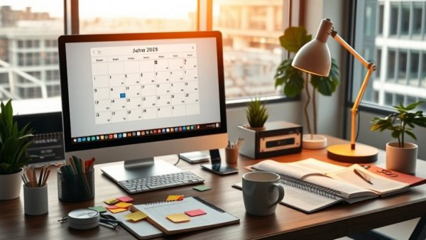 Modern office desk with social media schedule template on computer.