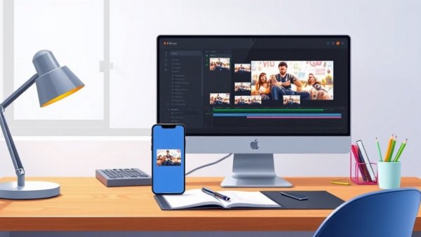 Video editing setup with computer and smartphone running editing software.