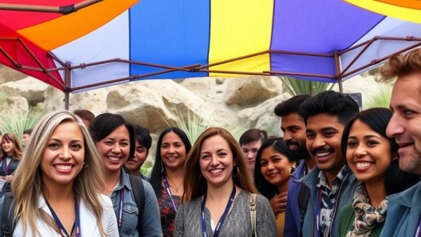 Diverse people at trade show under colorful canopy.