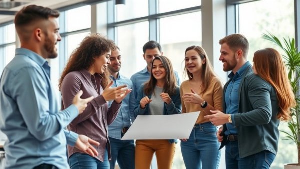 Creative team brainstorming ideas in a sunlit office.