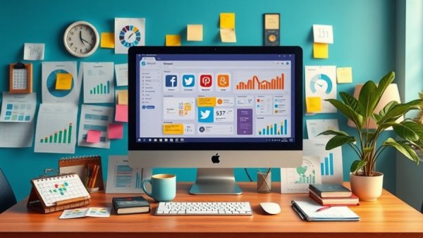 Illustrated social media content plan setup with charts and computer screen displaying social media icons.