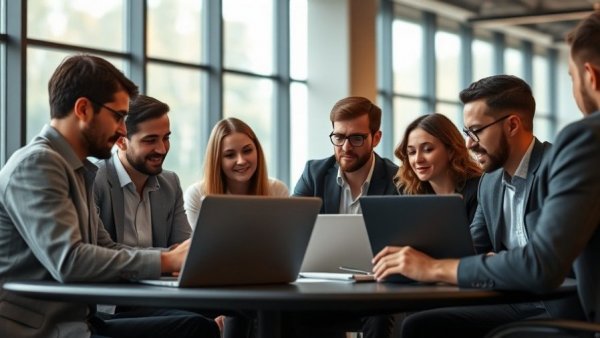 Professionals discussing customer review management strategies in modern office.