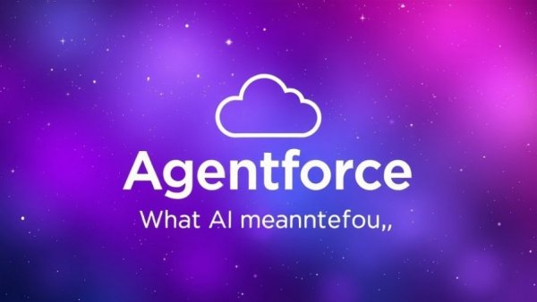 Colorful gradient backdrop with 'Agentforce' text, small business advice theme.
