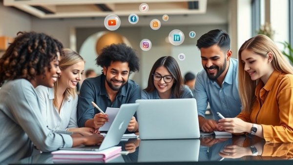 Team planning social media influencer marketing strategy in office.