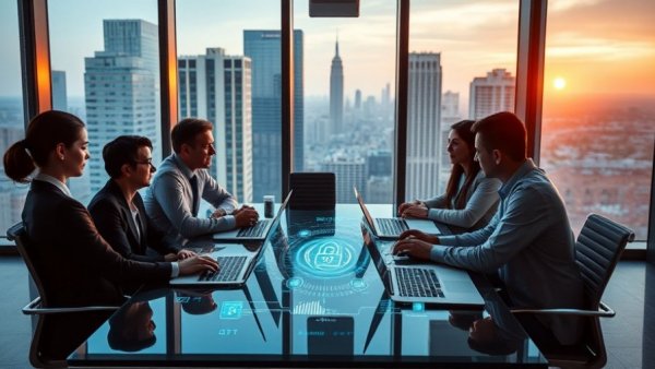 High-tech office meeting on third party background verification with data displays.