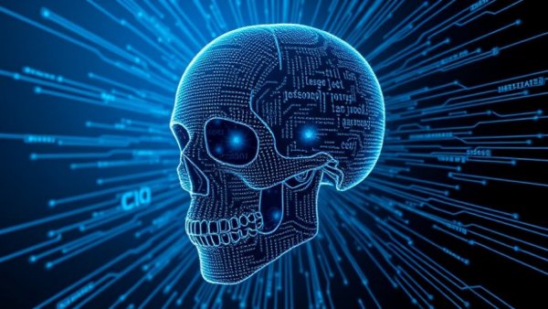 Futuristic digital skull symbolizes open-source AI coding model.