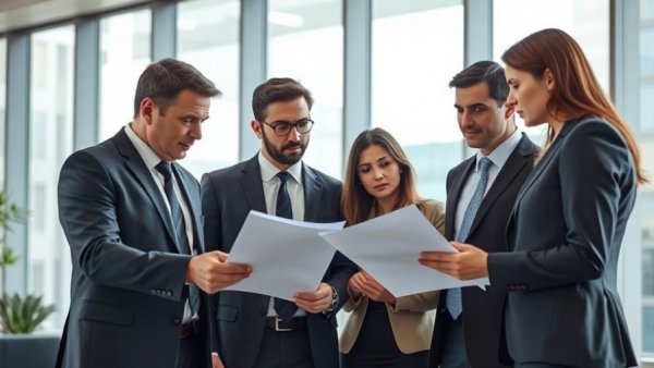 Business team discussing employee policies in a modern office.