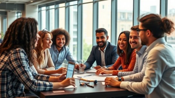 Diverse team brainstorming social media marketing strategies in an office.