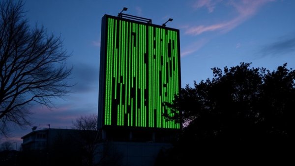 Digital billboard with glowing data codes in evening setting, AI customer interviews.