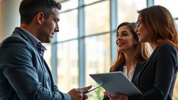 Professionals resolve employee conflict effectively in a bright office.