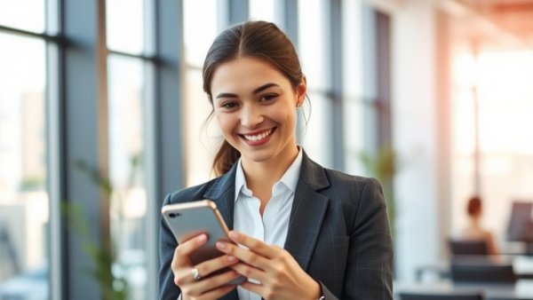 Businesswoman in office using phone for effective retail business programs.