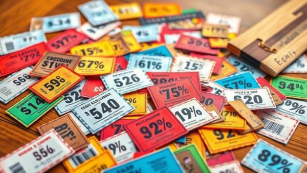 Colorful May coupons and deals on wooden table surface.