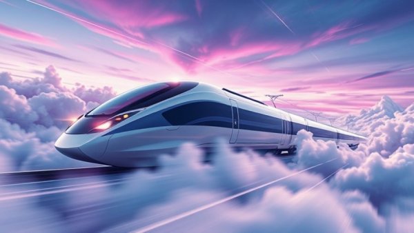 Futuristic train in clouds symbolizing AI-native cloud infrastructure.