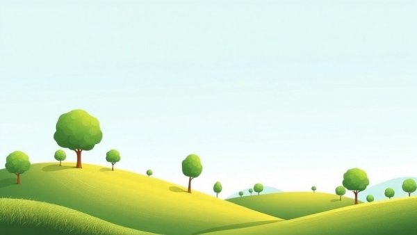 Illustrative green hills and trees, cartoon style.