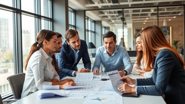 Business team discussing client experience survey importance.