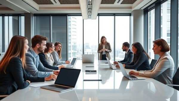 Business professionals discussing Sterling’s Managed State Compliance for Background Checks in office.