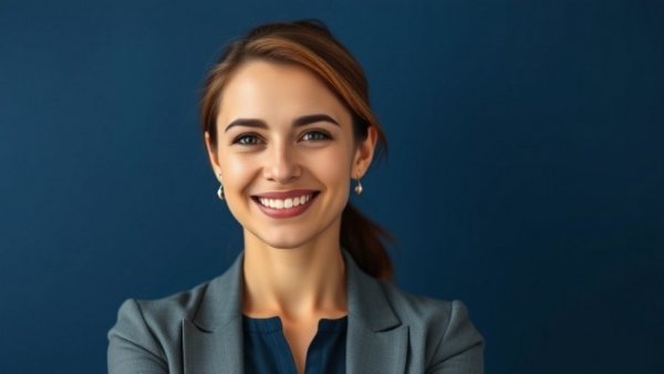 Confident woman smiling in professional setting representing Curiosity in Leadership.