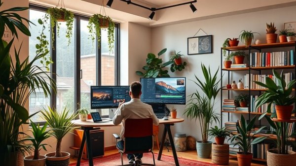 Modern workspace with laptop showing video editing, vibrant decor.