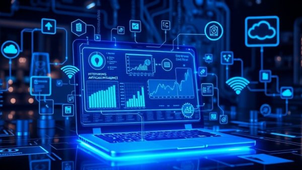 Futuristic digital interface with AI and tech holographic icons.