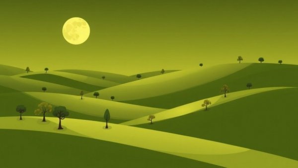Stylized green hills illustration with sparse trees, Cartoon style.