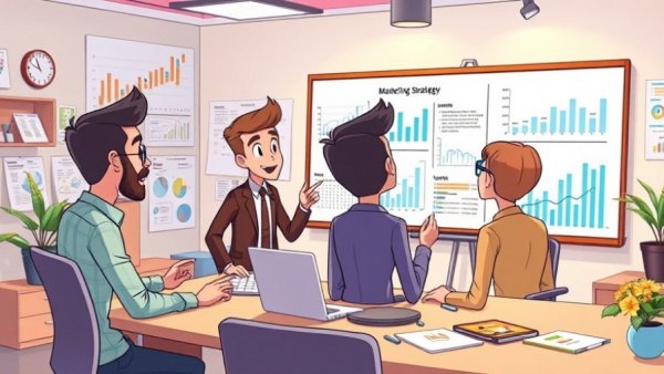 Animated team discussing visual content for small business marketing with charts