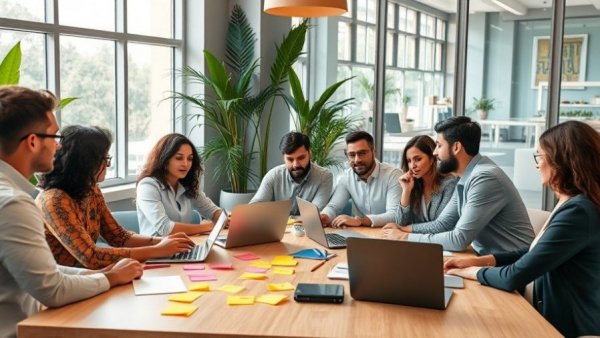 Diverse team collaborating in modern office for effective community engagement.