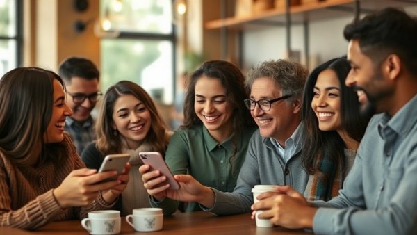 Diverse group enjoying loyalty marketing programs in a coffee shop.