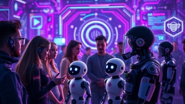 Futuristic AI interface with avatars and robots promoting AI literacy for small business.