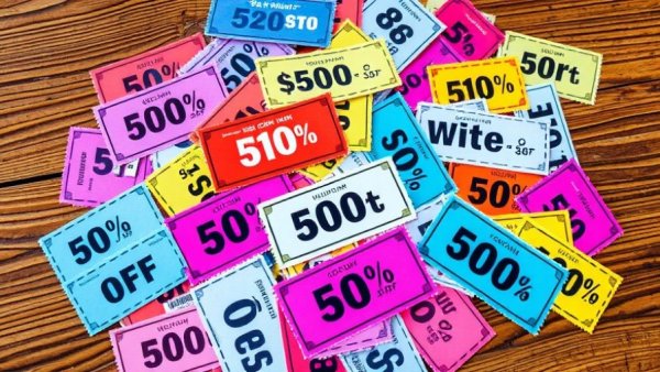 Vibrant online sale coupons scattered on a table for big savings.