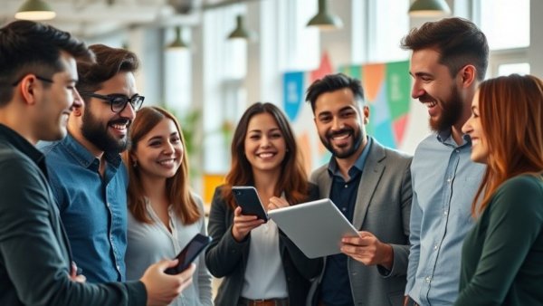 Young professionals discussing the popularity of GIFs in digital communication.