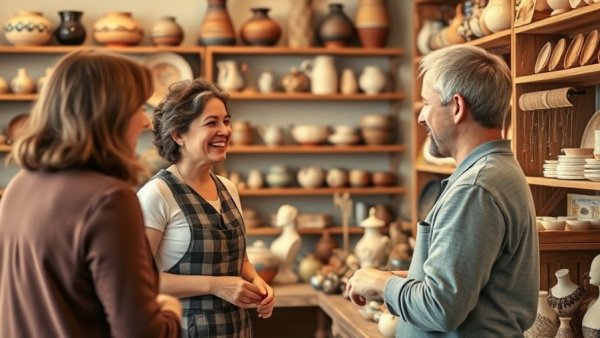 Friendly shop owner engaging with customer in artisan boutique highlighting reputation in business.