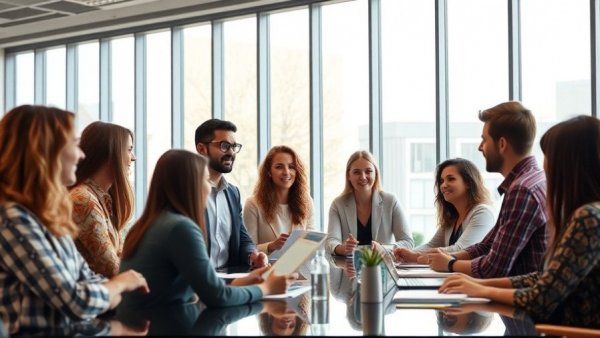Conflict resolution meeting with diverse group engaged in discussion.