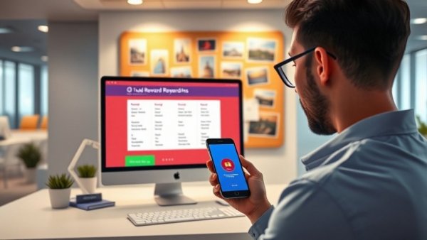 Person checking points on smartphone in modern office with rewards on screen.