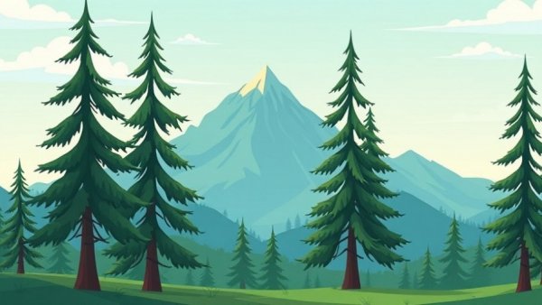 Cartoon mountain landscape with pine trees, inspiring serenity like becoming a Salesforce developer