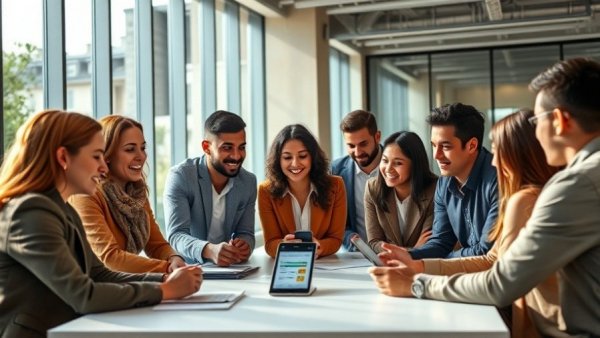 Professionals discussing Loyalty Rewards Program at an office meeting.