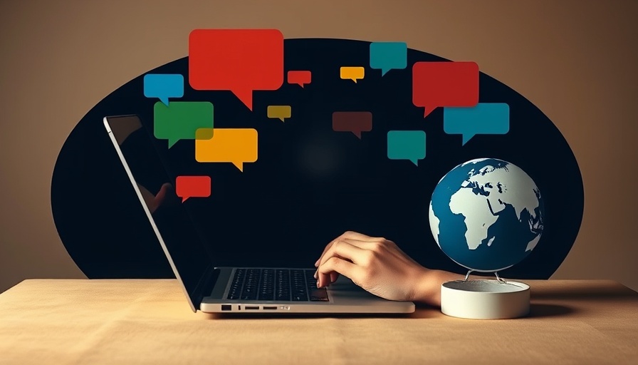 Laptop with hands typing, globe and speech bubbles, symbolizing localizing AI-generated emails.