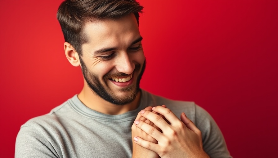 Affectionate man conveying trust, vibrant red backdrop, build customer trust.