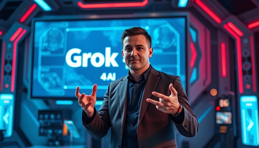 Grok 4 AI for Small Business presentation in a futuristic tech setting.
