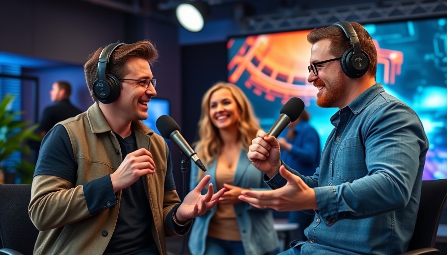 Podcasters in modern studio discussing trust in content marketing.