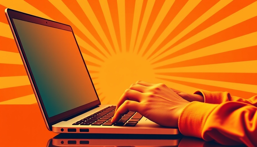Retro digital artwork showing hands typing on a laptop with HR CRM name tag, vibrant background