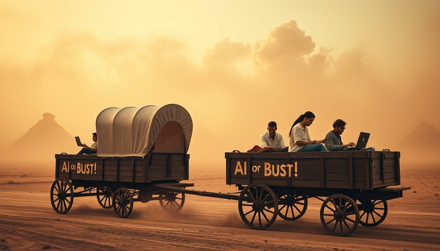 AI migration for small business owners riding covered wagons marked 'AI or Bust!'